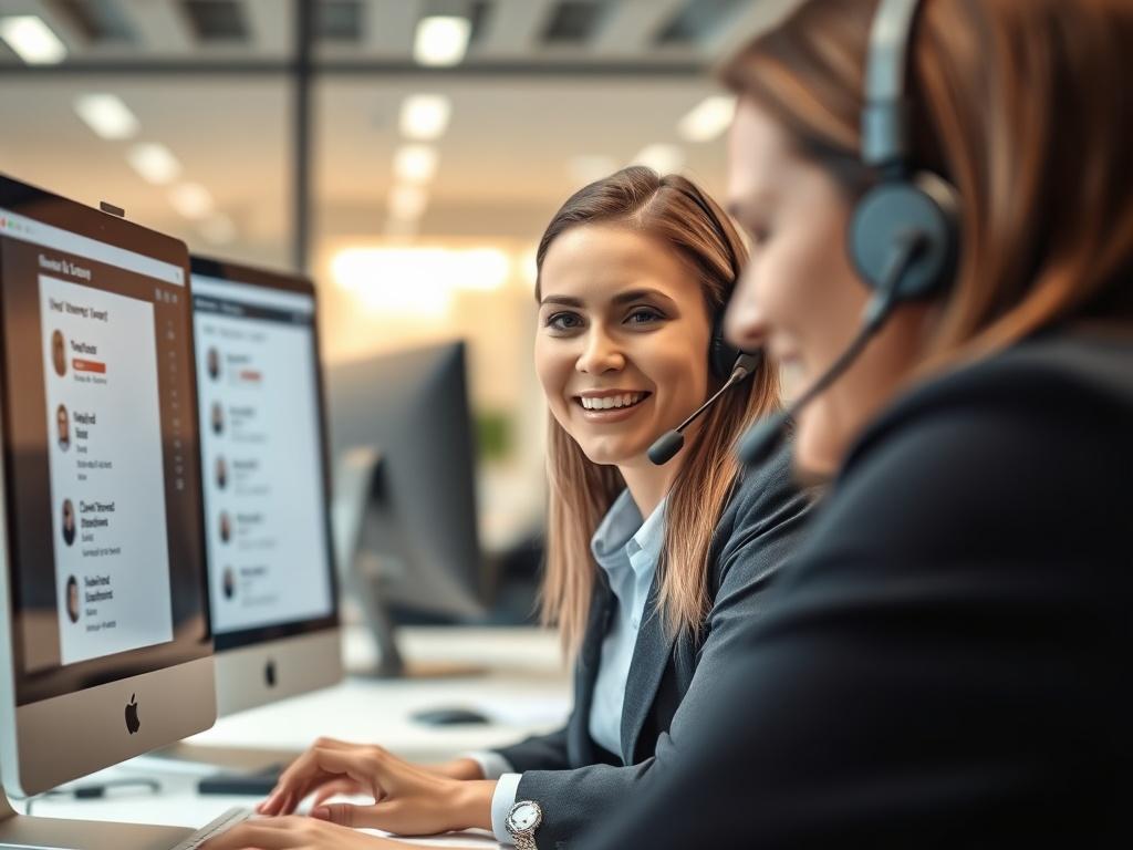 A close-up shot of a customer support agent assisting a client over the phone, with a computer screen displaying customer inquiries. The background showcases a modern office atmosphere, emphasizing professionalism and efficiency. The agent’s friendly demeanor highlights a commitment to excellent service.