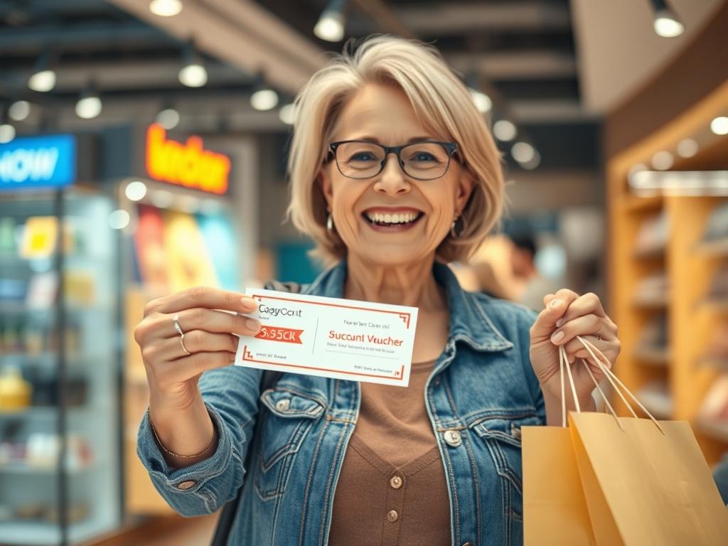 A high-resolution photo capturing a joyful customer receiving a discount voucher while shopping. The customer is a middle-aged woman with a bright smile, holding the voucher in one hand and a shopping bag in the other. The background features an inviting retail store with colorful displays and warm lighting, emphasizing a welcoming shopping experience. The composition focuses on the customer, highlighting the excitement of finding a great deal.