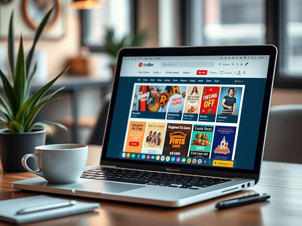 A highly detailed photo that captures the essence of incentRev's service, showcasing a vibrant and inviting deal site interface on a laptop screen. The background should be a stylish workspace with an inviting atmosphere, featuring a coffee cup and a potted plant to convey a modern, professional environment. The focus should be on the laptop screen displaying colorful deal promotions and discounts, with a clear emphasis on user engagement and interaction.