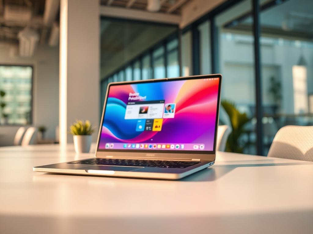 **Prompt for AI Image Generation:**

Create a highly detailed, realistic high-resolution photo featuring a single, sleek, modern laptop on a clean, minimalist desk. The laptop's screen should display a visually inviting interface, hinting at the upcoming incentivRev rebranding—think vibrant colors, smooth transitions, and intuitive navigation cues. The surrounding area should be bright and airy, with natural light streaming in from a nearby window, creating a warm and engaging atmosphere. 

The desk should 