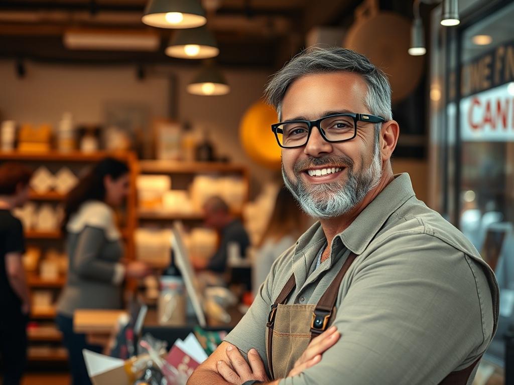An engaging shot of a local business owner proudly displaying