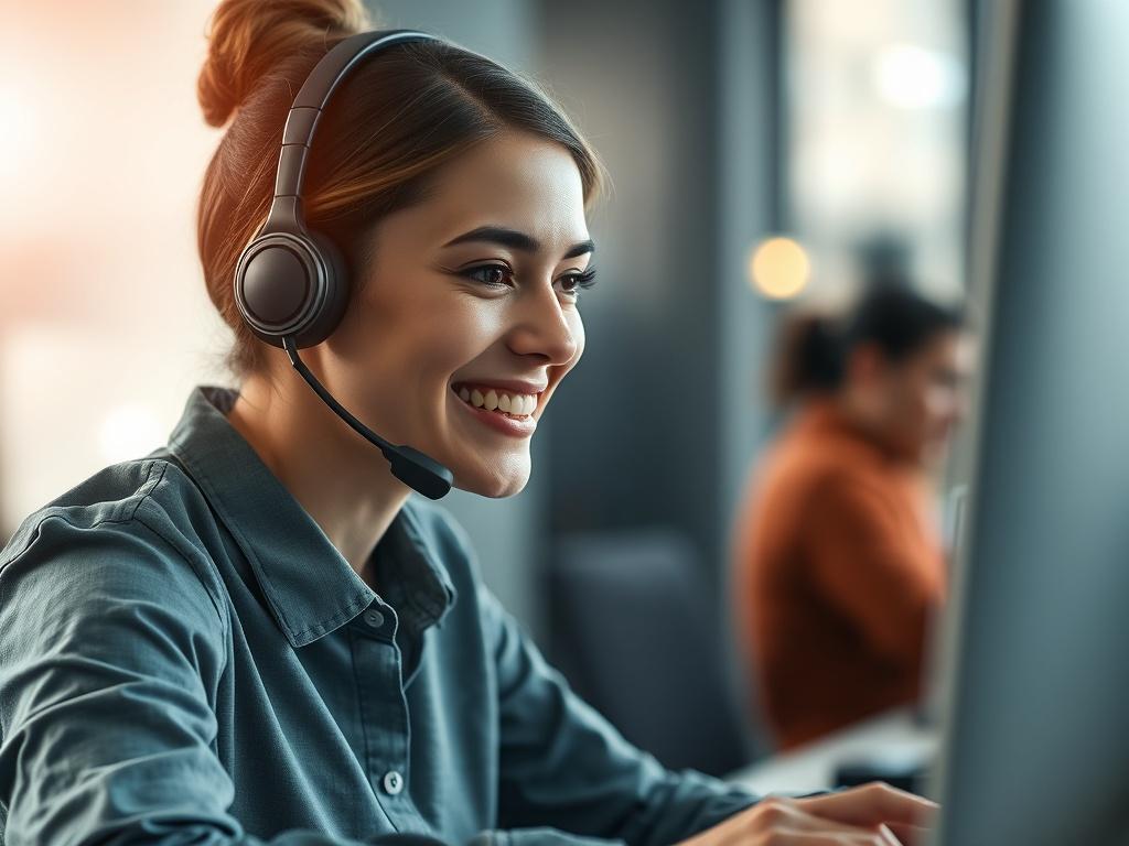 A close-up shot of a customer support representative wearing a headset, smiling while engaging with a customer on a computer. The background should feature a modern office environment, conveying professionalism and approachability. The lighting should be warm and inviting, with colors that complement the primary color rgb(4, 104, 120).