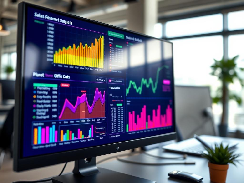 A detailed, high-resolution image of a computer screen displaying colorful graphs and charts representing sales data. The setting is a modern office space with natural light, emphasizing an atmosphere of productivity and focus. The image should capture the essence of analytics and performance tracking, with vibrant colors that blend well with the primary color rgb(4, 104, 120).