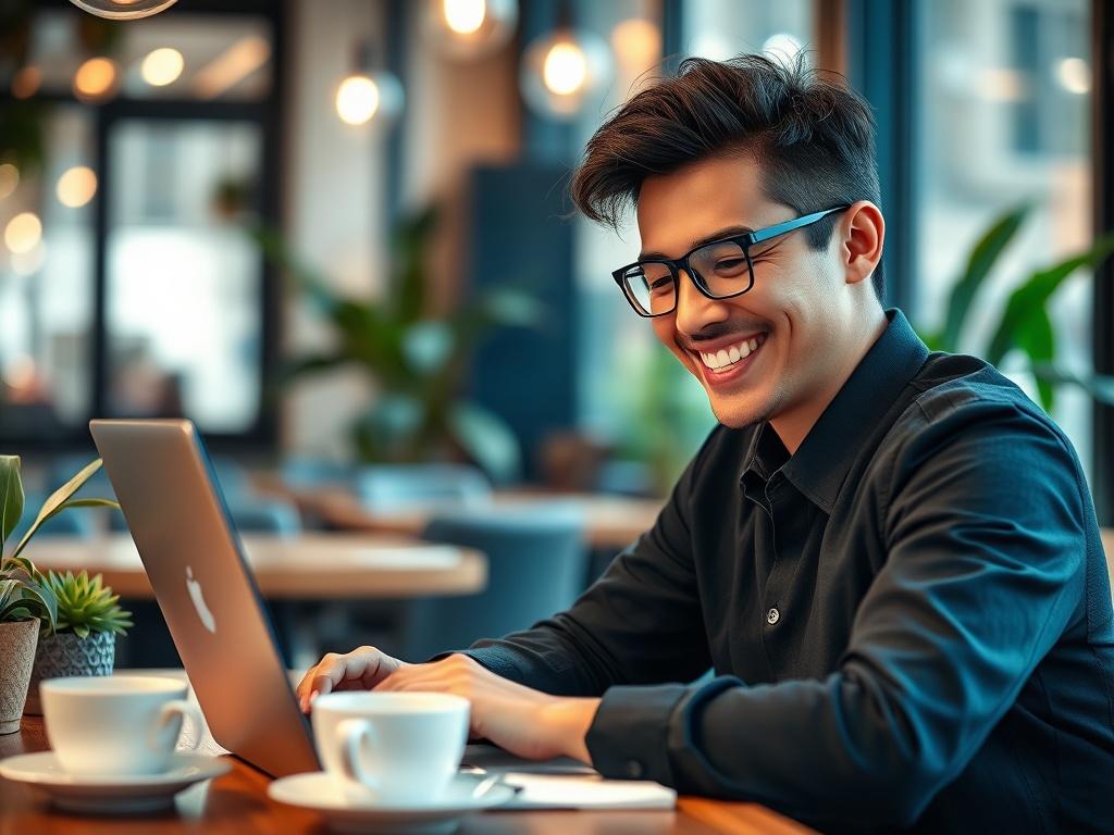 A professional, close-up shot of a business owner smiling while working on a laptop in a cozy, well-lit café. The background features soft-focus elements like coffee cups and greenery, conveying a sense of connection and engagement. The image should emphasize the owner's enthusiasm and dedication to their business, with vibrant colors that harmonize with the primary color rgb(4, 104, 120).