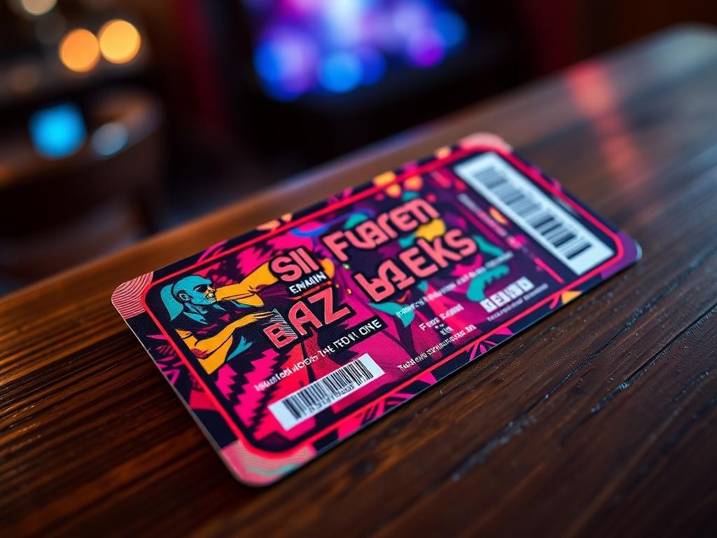 A realistic close-up image of a vibrant event ticket showcasing vivid colors and intricate details. The ticket should be placed on a textured surface like a wooden table, with soft lighting creating an inviting atmosphere, shot with a 45mm f/1.2 lens.