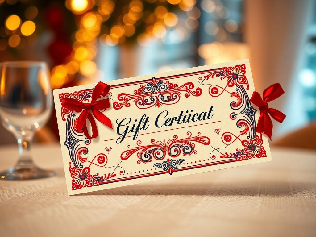 A close-up shot of a beautifully designed gift certificate featuring intricate designs and vibrant colors. The background should be a soft, blurred out setting that suggests a festive atmosphere, like a cozy dining area or a fun event space, shot with a 45mm f/1.2 lens.
