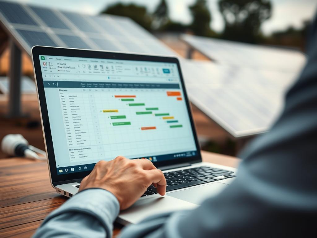 A close-up shot of a project manager's hands working on a laptop displaying a detailed project timeline in Microsoft Project, with a blurred background of a solar energy installation. The scene is focused on the screen, highlighting the scheduling software, with realistic lighting and colors that evoke a professional atmosphere.