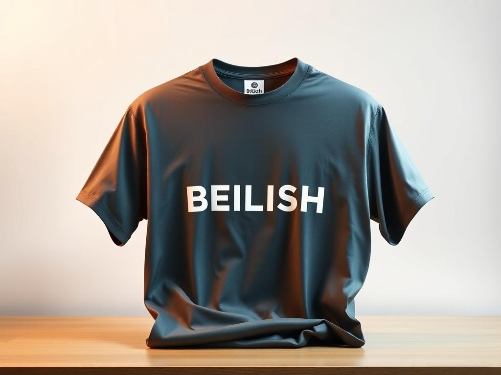 A realistic high-resolution photo of a classic T-shirt featuring the BEILISH logo, set against a minimalist background. The T-shirt is made of soft, durable fabric, and is displayed on a simple wooden surface. The lighting highlights the logo, showcasing its quality and authenticity.