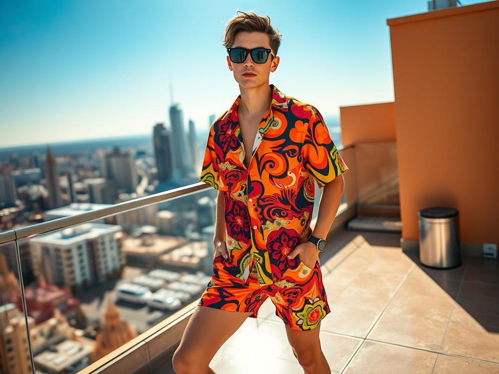 A stunning high-resolution image depicting a model in a bold printed outfit from BEILISH's new collection. The outfit includes a striking patterned shirt and vibrant shorts, perfect for summer vibes. The model poses on a sunlit rooftop with a panoramic city view, emphasizing a carefree and trendy lifestyle. The colors are bright and eye-catching, highlighting the unique designs of the clothing. The background should have a clear blue sky and urban skyline, creating a dynamic and stylish scene.