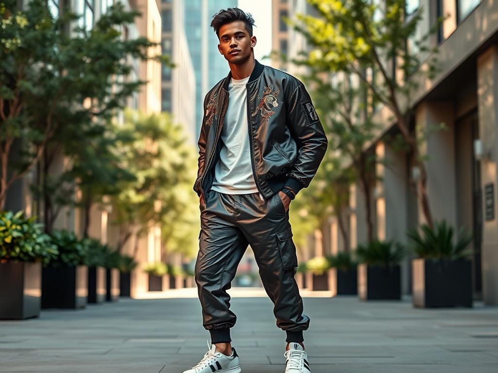 A high-resolution photo featuring a model in a stylish street luxury ensemble from BEILISH. The model wears a tailored bomber jacket with intricate embroidery, paired with sleek jogger pants and designer sneakers. The setting is an upscale urban area with modern architecture, creating a contrast between luxury and street style. Soft natural lighting highlights the details of the outfit, showcasing the premium materials used. The background should feature lush greenery and chic city elements, creating a soph