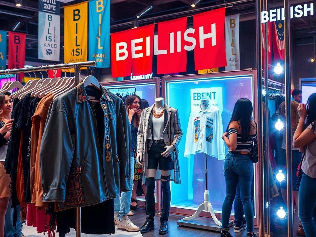 A vibrant pop-up event scene featuring a stylish clothing display with BEILISH apparel. The atmosphere is lively, with diverse attendees interacting and enjoying the fashion showcase. The background includes colorful banners and a chic urban setting, capturing the essence of a trendy fashion event.