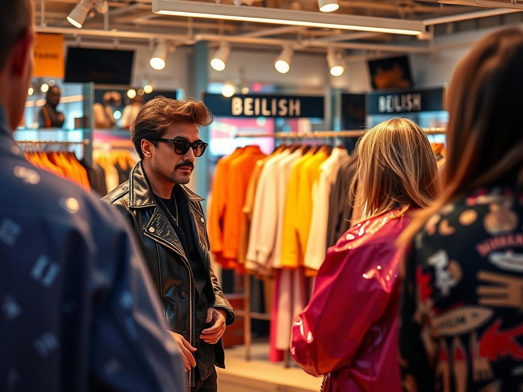 A stylish fashion expert sharing tips in a trendy studio, surrounded by BEILISH clothing pieces. The setting is lively with colorful fabrics and accessories on display, reflecting the blend of luxury and streetwear. The expert is engaging with an audience, creating a dynamic atmosphere.