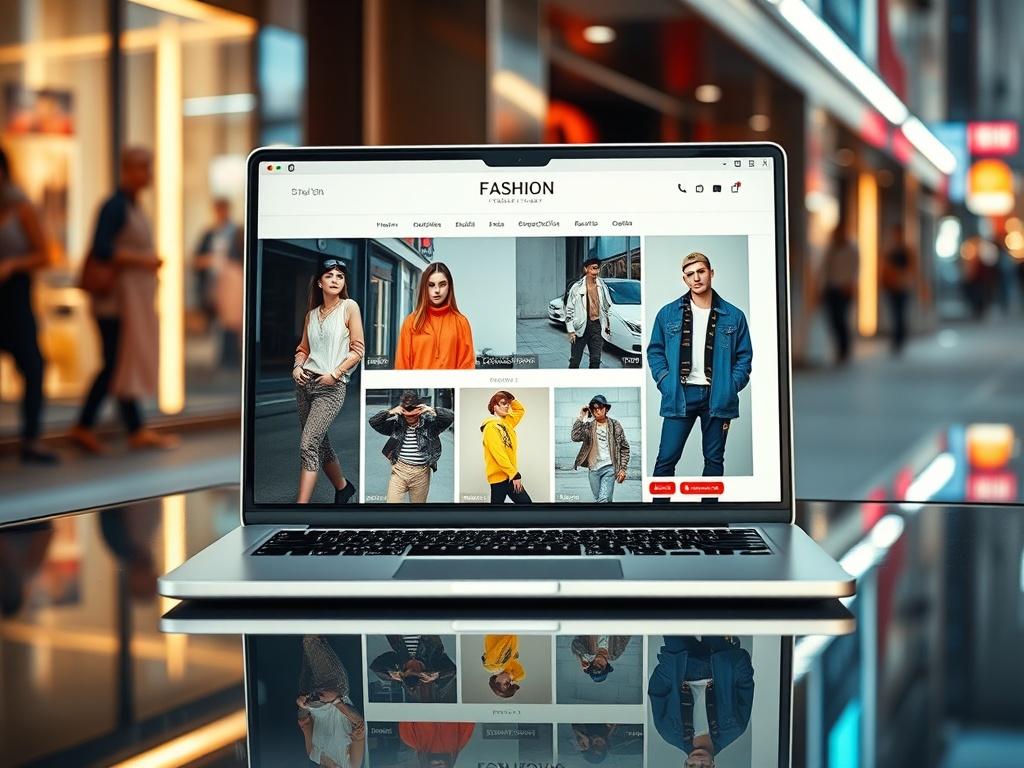 A sleek and modern fashion blog interface displayed on a laptop, showcasing vibrant images of clothing styles. The background is a stylish urban setting with glossy surfaces and subtle reflections, highlighting the essence of luxury and streetwear fashion.
