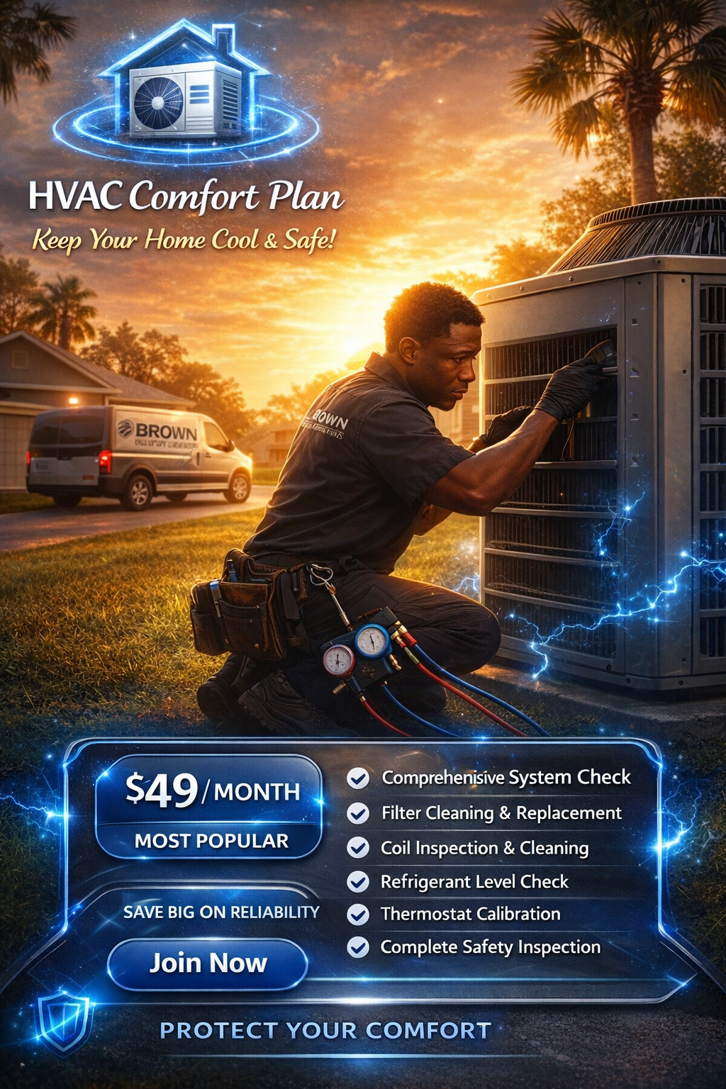 HVAC Comfort Plan - $49/month premium membership card with Most Popular badge