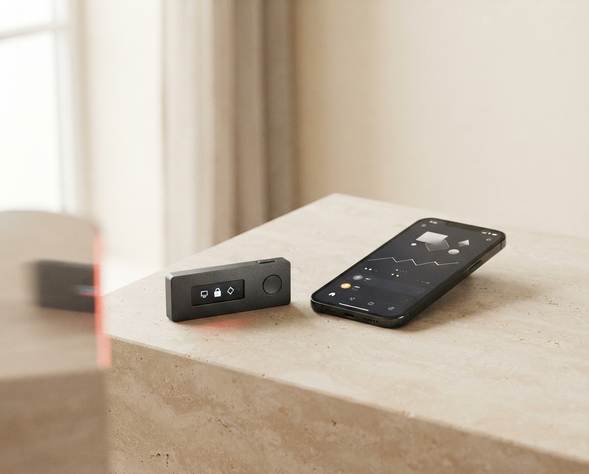 A hardware wallet and smartphone arranged together on a softly lit stone surface