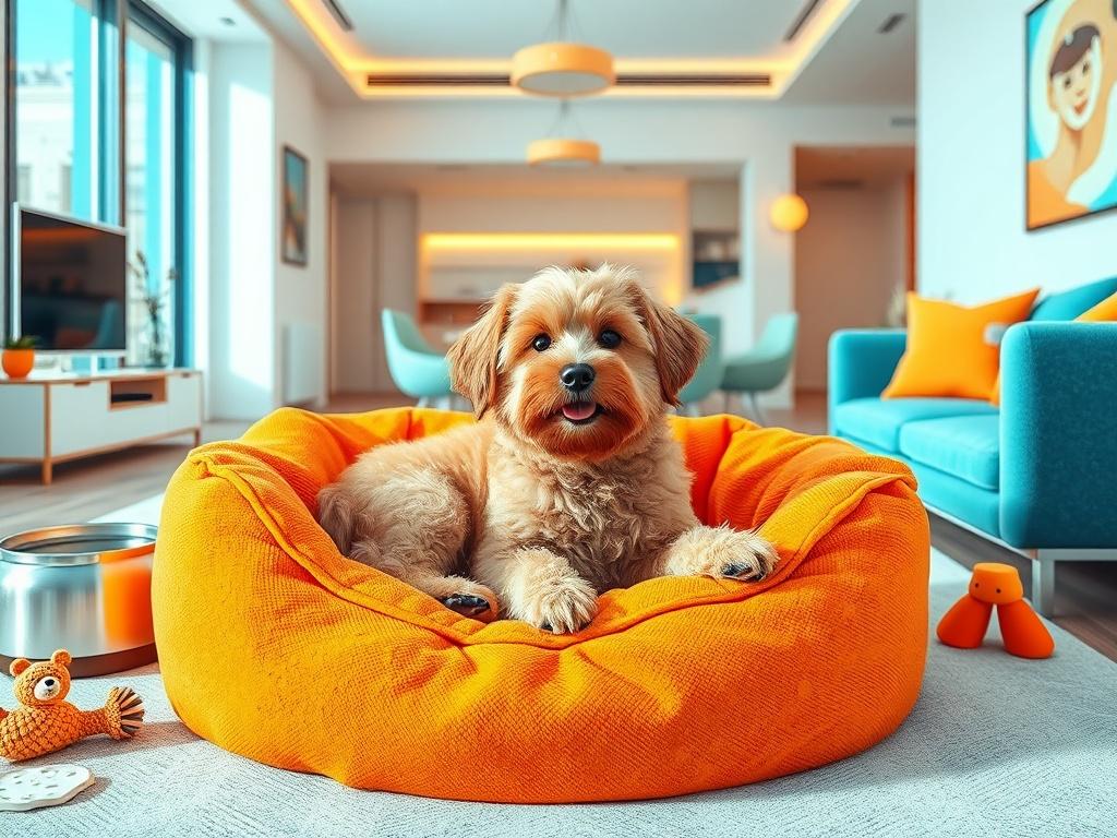 **Prompt for AI Image Generation:**

Create a realistic high-resolution photo depicting a serene and inviting pet care area within a modern apartment. The focal point of the image should be an adorable, fluffy dog lounging comfortably on a plush pet bed in bright orange tones, embodying relaxation and happiness. The background should feature a well-lit, stylish living space that includes clean lines and contemporary furniture in light blue tones, emphasizing the upscale environment of the apartment. 

Make 