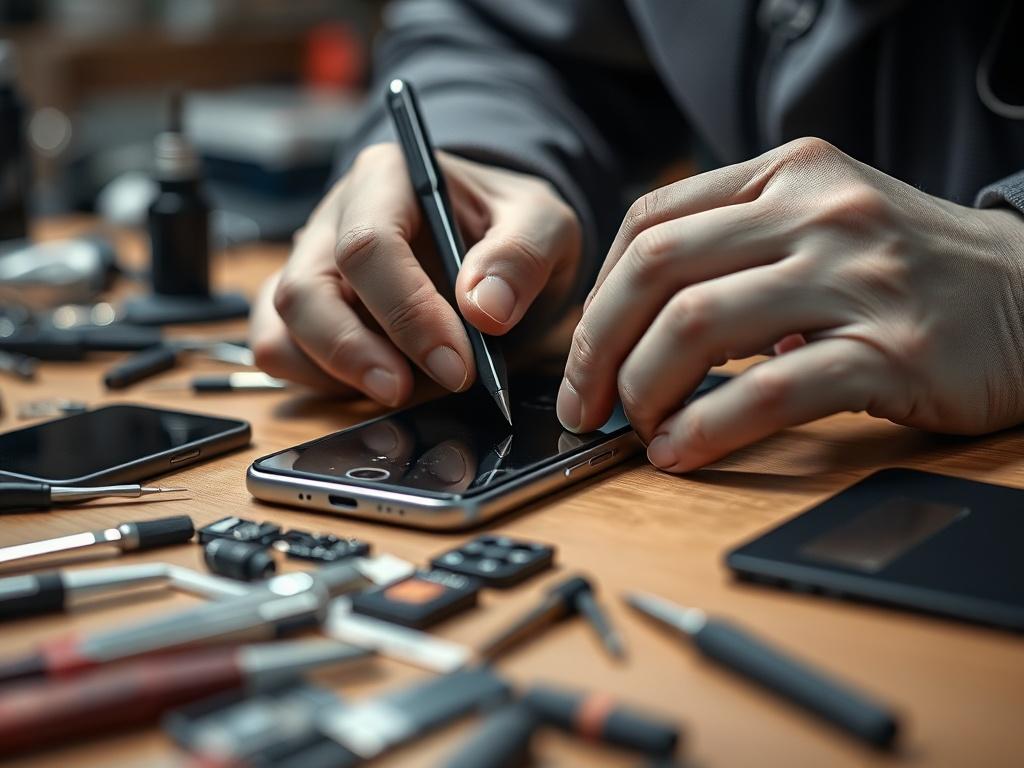 A close up shot of a technician carefully repairing a