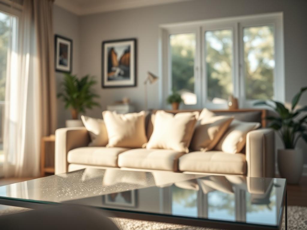 A hyper-realistic close-up shot of a clean, freshly organized living room with plush cushions on a sofa, sparkling coffee table, and sunlight streaming through the window. The background should be softly blurred, emphasizing the cleanliness and inviting atmosphere of the space. The color palette should harmonize with rgb(140, 99, 115), creating a warm and welcoming ambiance.