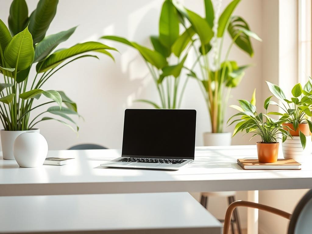 A clean, minimalistic workspace showcasing a modern desk with a