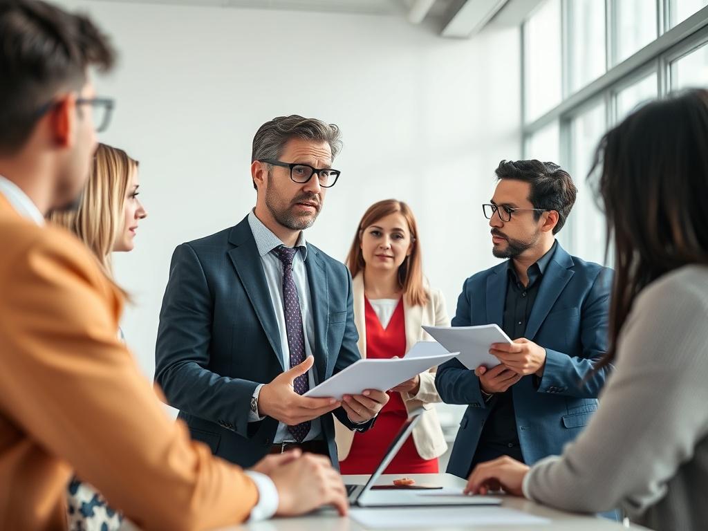 A professional consultant in a modern office setting, engaging with