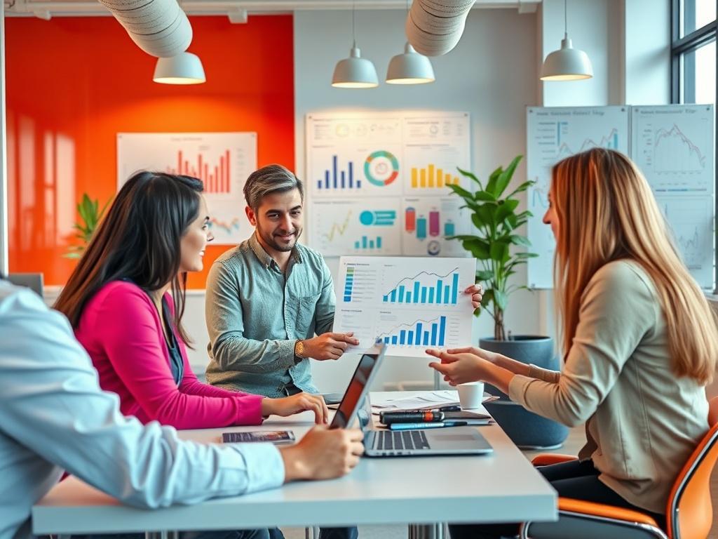 A vibrant marketing strategist brainstorming with a team in a