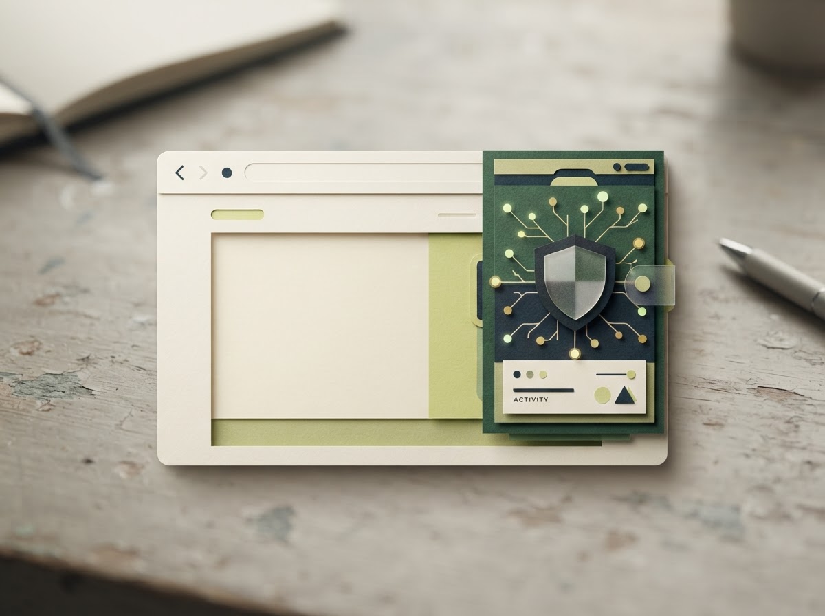 A minimal browser wallet panel with a shield and network nodes
