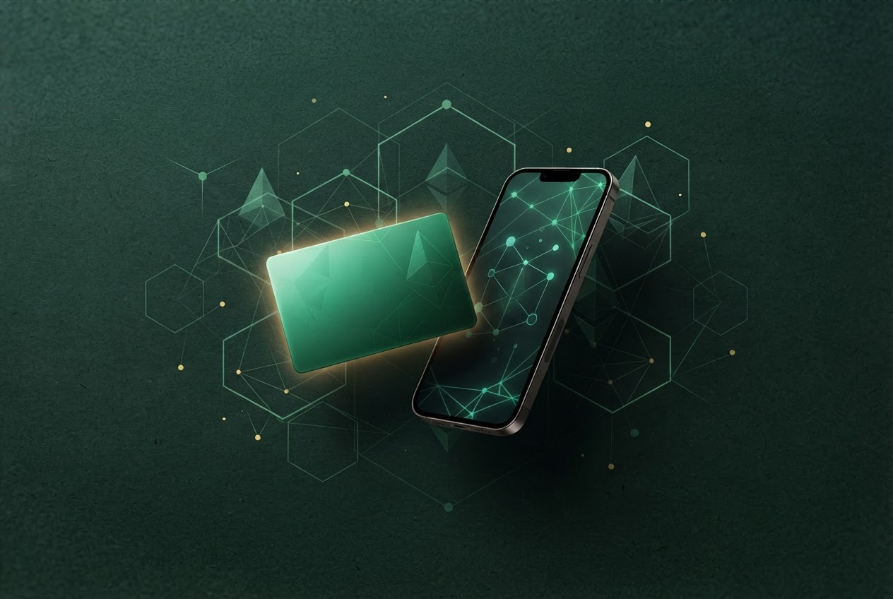 An emerald wallet card and phone surrounded by abstract network lines