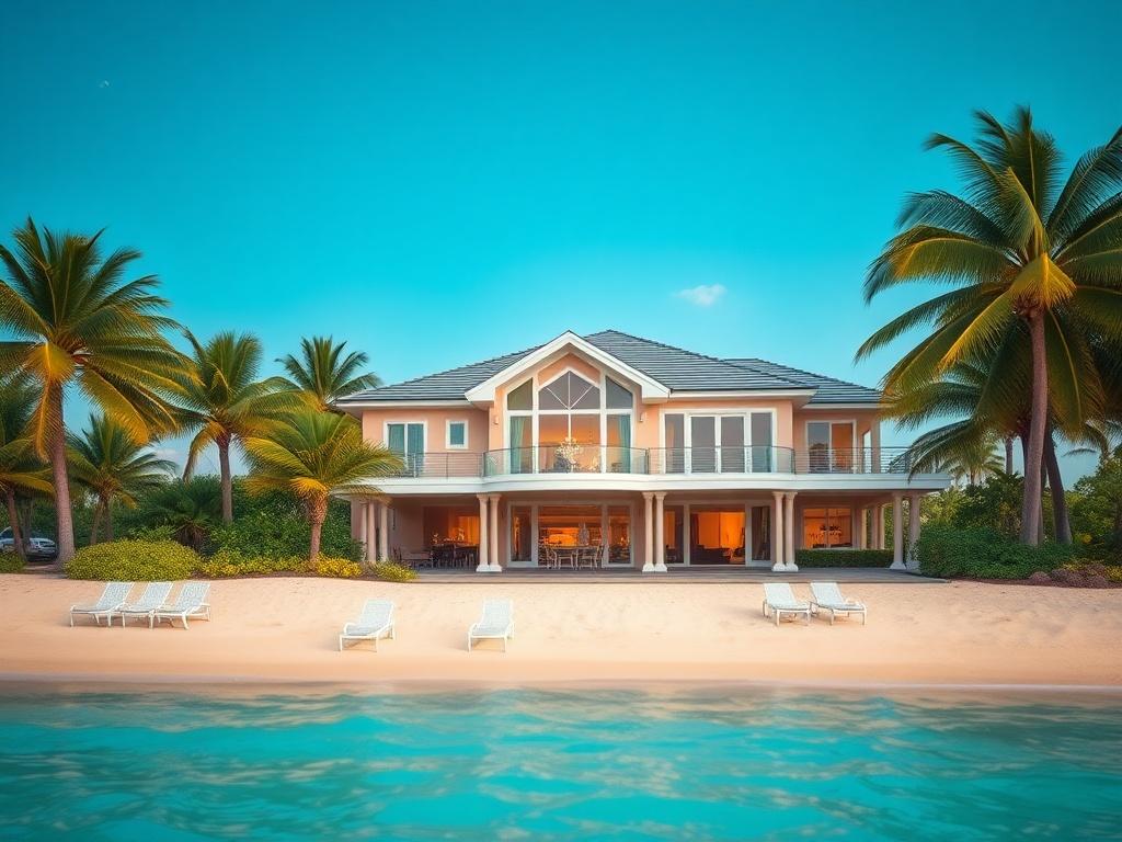 A hyper-realistic close-up shot of a luxurious beach house on Florida's East Coast, set against a backdrop of golden sandy beaches and turquoise waters. The focus should be on the house's elegant architecture with large windows reflecting the sun, surrounded by lush tropical landscaping. The composition should be simple and clear, capturing the warmth and inviting atmosphere of coastal living, shot with a 45mm f/1.2 lens.