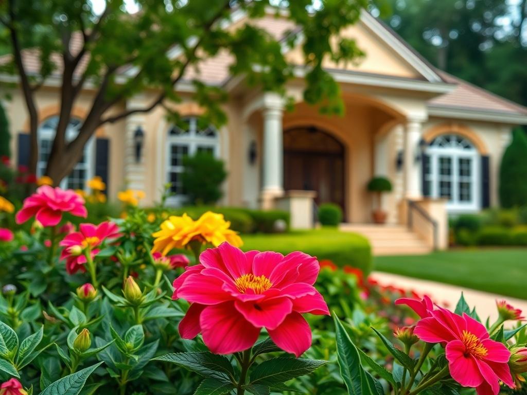 A hyper-realistic close-up shot of a beautifully designed home in the Longwood community, showcasing elegant architecture and lush landscaping. The image should highlight vibrant flowers and greenery in the foreground, with the home serving as the focal point. Use a 45mm f/1.2 lens style to create a soft background blur, emphasizing the intricate details of the home's facade. The color palette should harmonize with the primary color #062767, creating a serene yet luxurious atmosphere.