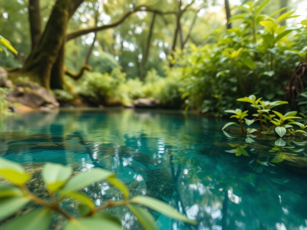 A close-up shot of a serene natural spring surrounded by lush greenery, showcasing the clear blue water and vibrant plant life. The composition should focus on the water's surface reflecting the surrounding trees, with a soft, blurred background that emphasizes the tranquility of the area. The image should have a hyper-realistic appearance, captured with a 45mm f/1.2 lens to highlight the details and colors of the environment.