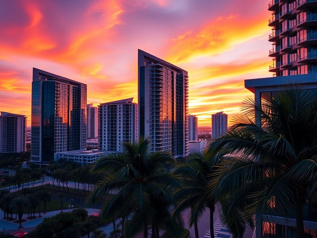 A stunning, hyper-realistic close-up shot of a modern Orlando skyline at sunset, showcasing sleek high-rise buildings with a vibrant orange and purple sky. The focus is on a prominent architectural feature of a luxury property, with lush palm trees in the foreground and soft, warm lighting that conveys a sense of luxury and tranquility. The image should evoke a feeling of sophistication and allure, perfectly complementing the brand's color #062767.