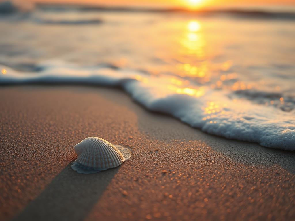 A stunning close-up shot of a picturesque beach scene at New Smyrna Beach, capturing the soft waves lapping against the shore. The focus should be on a single seashell lying on the sandy beach with gentle waves in the background. The lighting should be warm and inviting, showcasing the beauty of the beach during sunset. The overall color palette should complement the primary color #062767, creating a serene and tranquil atmosphere.
