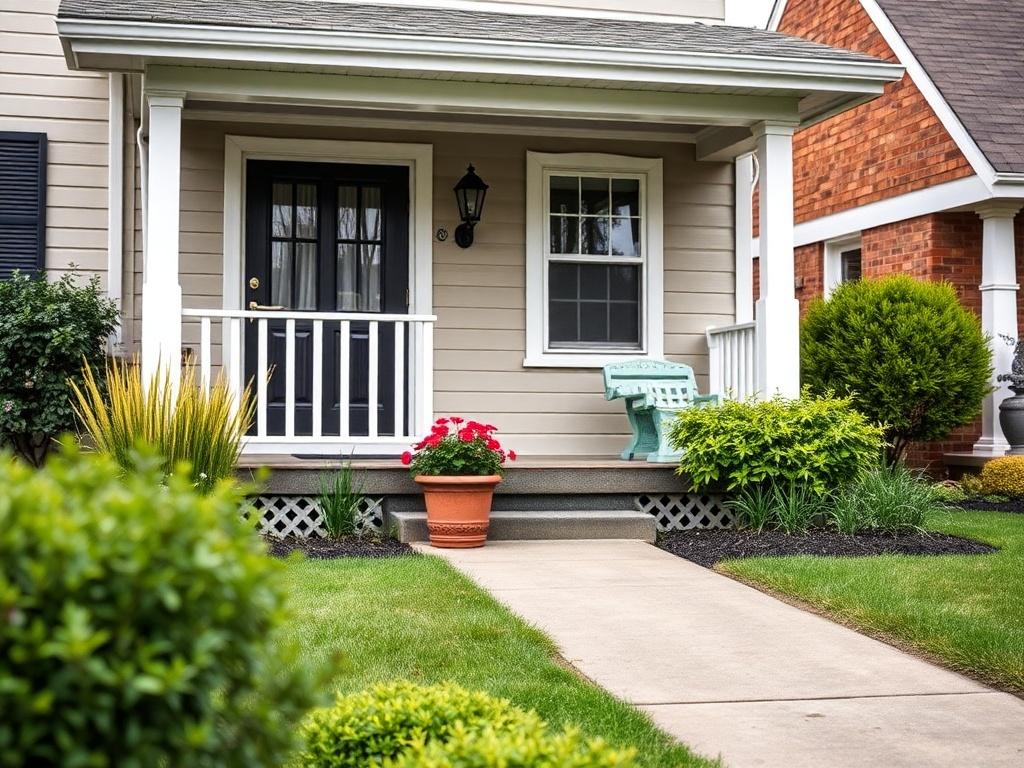 A high-resolution close-up shot of a well-managed rental property, highlighting a welcoming entrance and manicured lawn. The image should reflect a sense of professionalism and care, showcasing features like a well-maintained porch and clean surroundings. Use a 45mm f/1.2 lens to create depth and focus on the inviting aspects of the property.