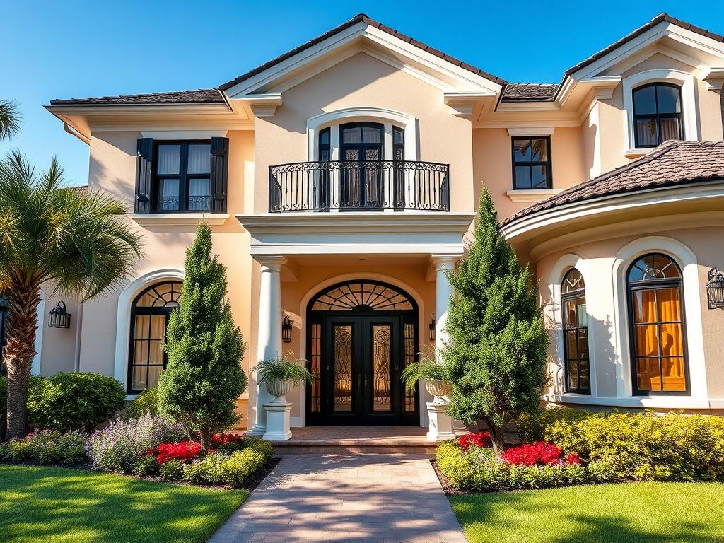 A close-up shot of a luxurious home exterior in Winter Park, showcasing elegant architecture and lush landscaping. The image should be vibrant and inviting, with a clear blue sky in the background. The focus should be on the intricate details of the entrance and windows, captured with a 45mm f/1.2 lens to emphasize depth and realism.