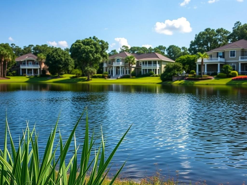 A close-up shot of a beautiful lake in Maitland, Florida, surrounded by lush greenery and elegant homes in the background. The scene captures the essence of a serene community, showcasing the natural beauty and sophisticated lifestyle of the area. The image should be rendered in hyper-realistic style, with vibrant colors that reflect the tranquility of the setting, shot with a 45mm f/1.2 lens.