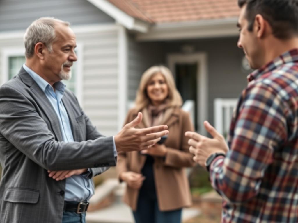 A close-up shot of a property management professional discussing with a homeowner at a property site. The background features a well-maintained rental property. The scene conveys professionalism and trust, captured with a 45mm f/1.2 lens to focus on the interaction and the property.