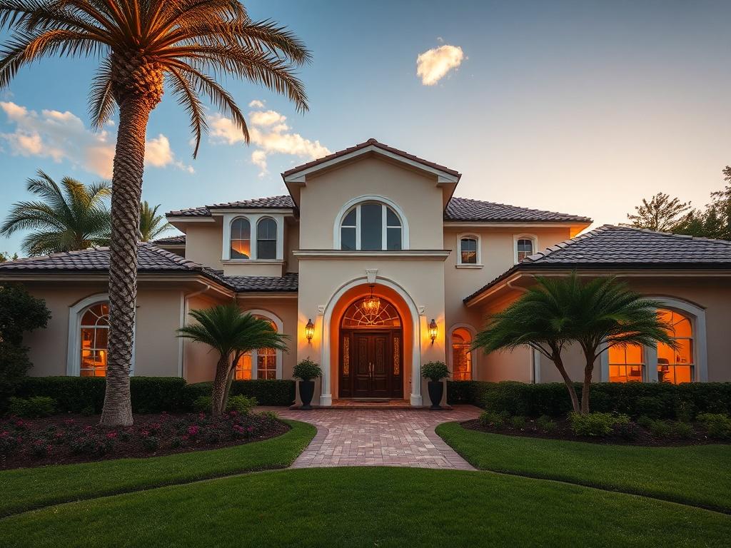 A stunning, hyper-realistic close-up shot of a luxurious Orlando property, showcasing its elegant architecture and beautifully landscaped surroundings. The scene should evoke a sense of warmth and sophistication, with the sun casting a golden glow over the home. The background should feature lush greenery and a clear blue sky, emphasizing the vibrant atmosphere of Orlando. The focus should be on a single property, highlighting its unique design elements and inviting entrance, shot with a 45mm f/1.2 lens.
