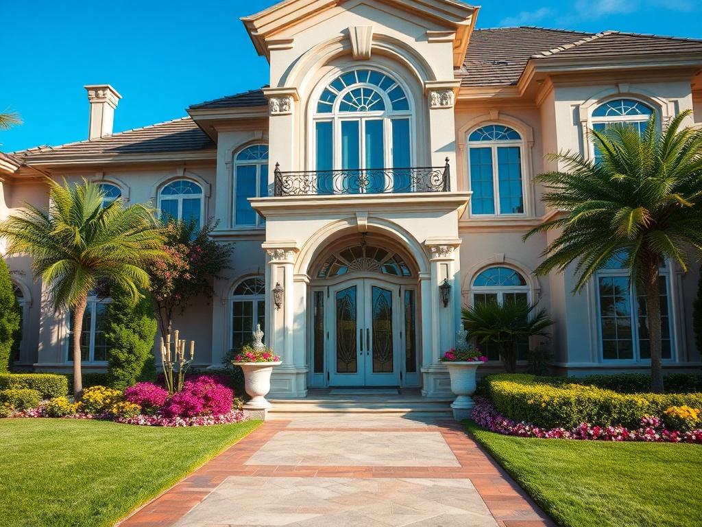 A luxurious home exterior captured in hyper-realistic detail, featuring a beautifully landscaped yard and elegant architecture. The focus should be on the main entrance, showcasing intricate design elements and high-quality finishes. The background should be a clear blue sky, reflecting the elegance and grandeur of the property.