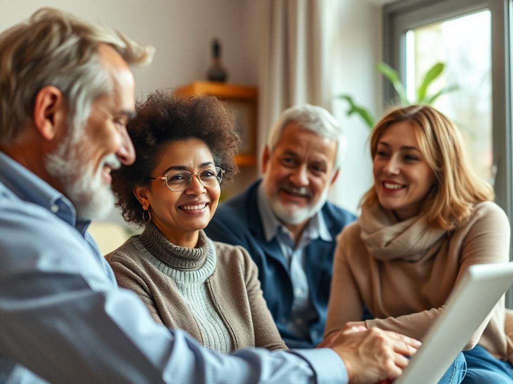 A friendly consultation scene showing a real estate agent discussing home options with a couple. The setting should be warm and inviting, with a focus on the agent's engaging expression and the couple's attentive demeanor. Natural light should illuminate the room, creating a welcoming atmosphere.