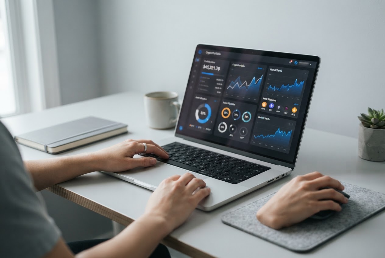 Hands reviewing a generic digital asset dashboard at a tidy desk