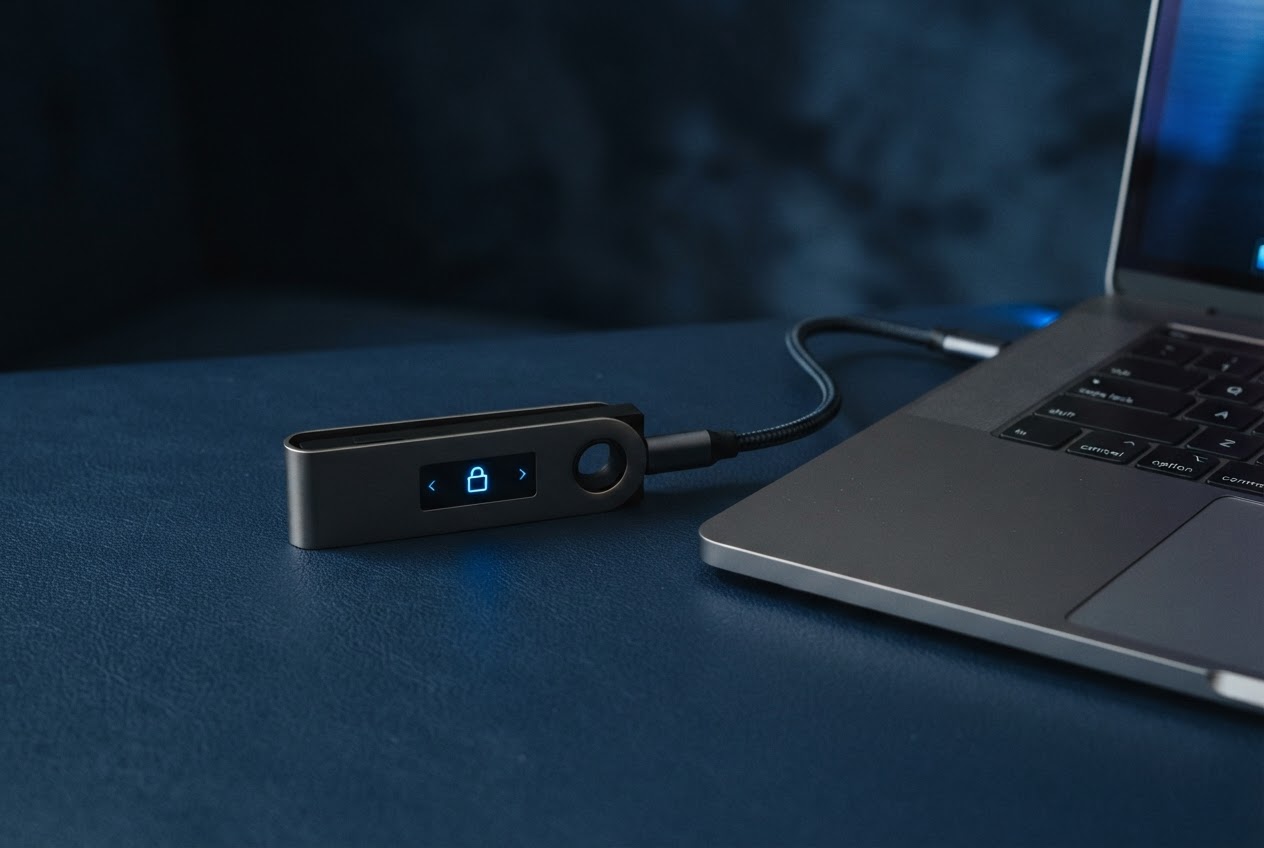 Unbranded hardware wallet next to a laptop on a dark blue surface