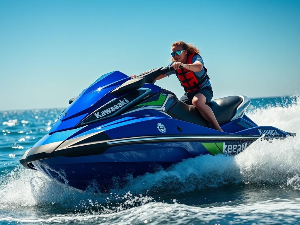 A realistic high-resolution photo of a blue 2017 Kawasaki Ultra LX jetski riding the waves. The focus is on the jetski with a rider in a life jacket enjoying the thrill of the ride. The background features a clear blue sky and sparkling water, conveying excitement and adventure. The composition is simple and clear, emphasizing the jetski and the rider in action.