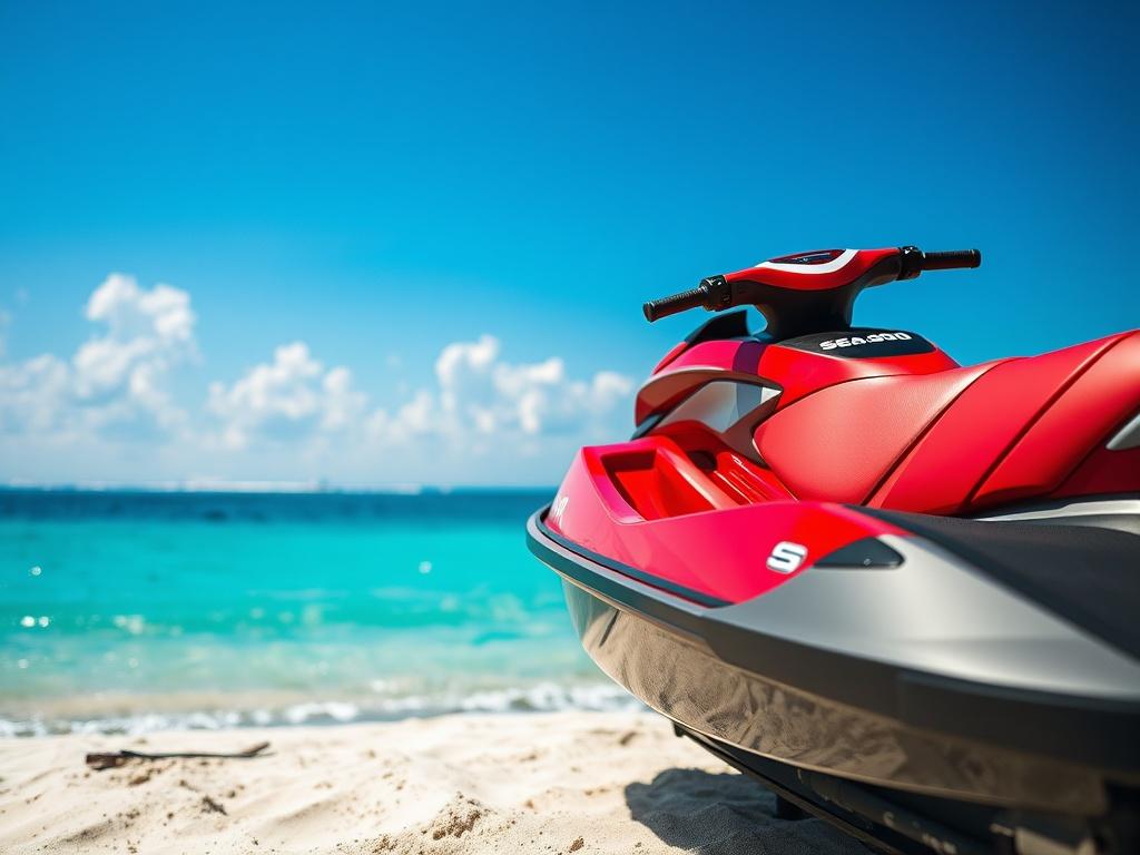 A high-resolution close-up shot of a vibrant red Sea-Doo jet ski parked on a sunlit beach. The jet ski should be the central focus, showcasing its sleek design and striking red color. The background features a clear blue ocean and a bright sky with a few fluffy clouds, enhancing the allure of water sports. The composition should be simple, ensuring that the jet ski stands out as the only subject in the frame, capturing the excitement of outdoor adventure.