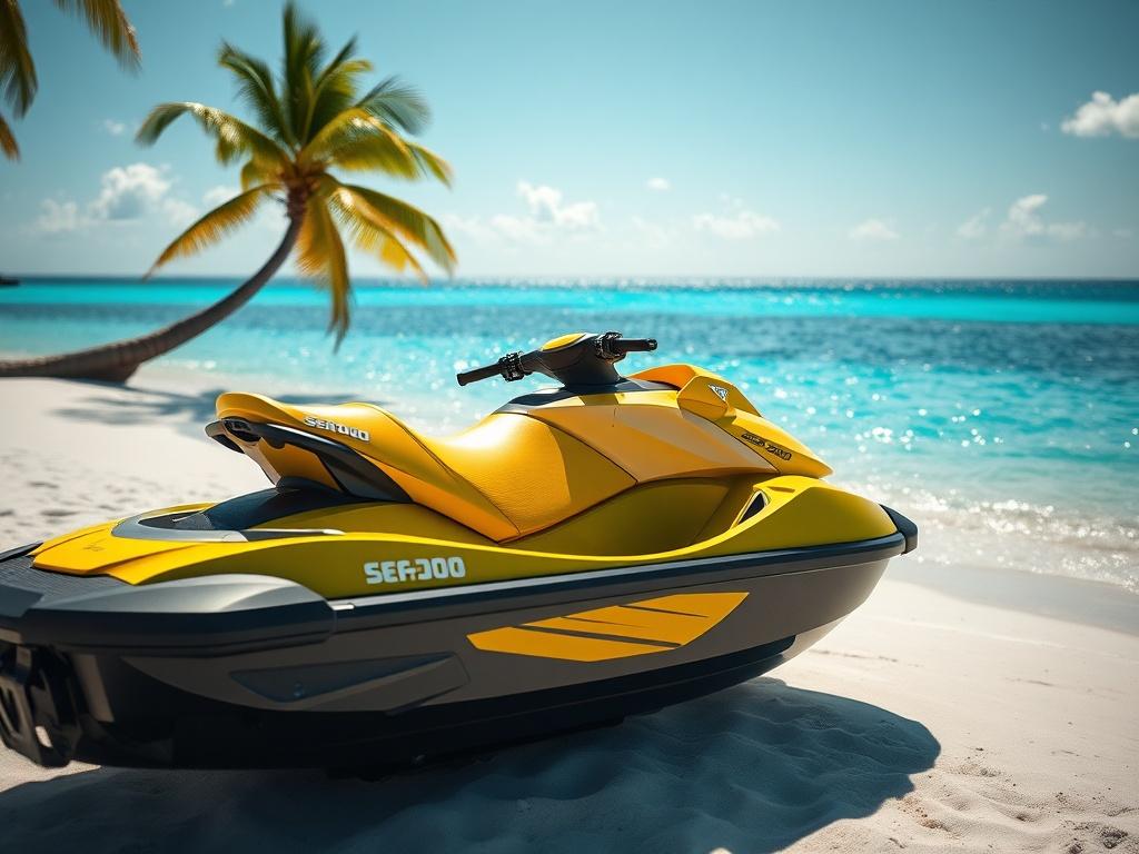 A bright yellow Sea-Doo jet ski parked on a pristine beach with crystal clear blue water in the background. The composition should focus on the Sea-Doo, showcasing its sleek design and vibrant color. The sun should be shining, and there should be a clear sky, making the scene inviting and exhilarating. The beach should have soft white sand, and a few palm trees can be seen in the background, adding to the tropical vibe.