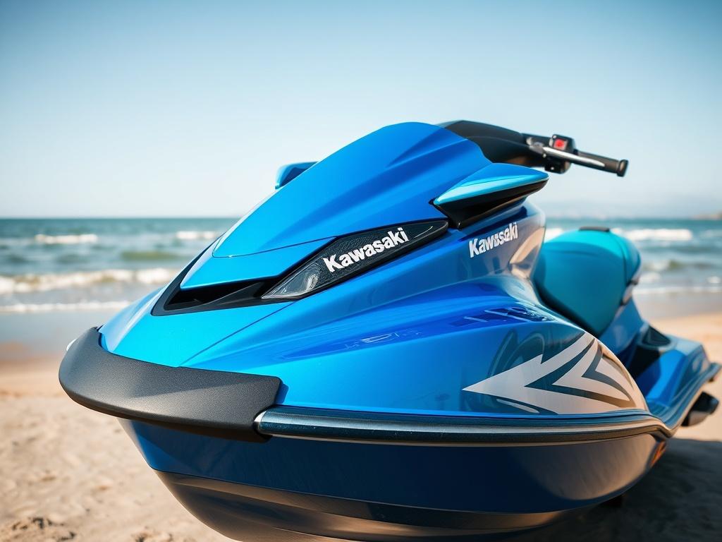 A close-up shot of a stunning blue Kawasaki jetski parked on a sandy beach, with gentle waves lapping in the background. The jetski should be the sole focus of the image, showcasing its sleek design and vibrant color. The composition should highlight the curves and features of the jetski, with the bright blue color contrasting against the warm tones of the sand and the clear blue sky. The shot should evoke a sense of adventure and excitement, inviting viewers to imagine the thrill of riding on the water.