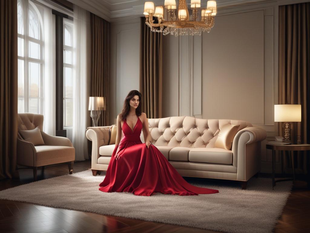 A glamorous and elegant escort sitting gracefully on a plush