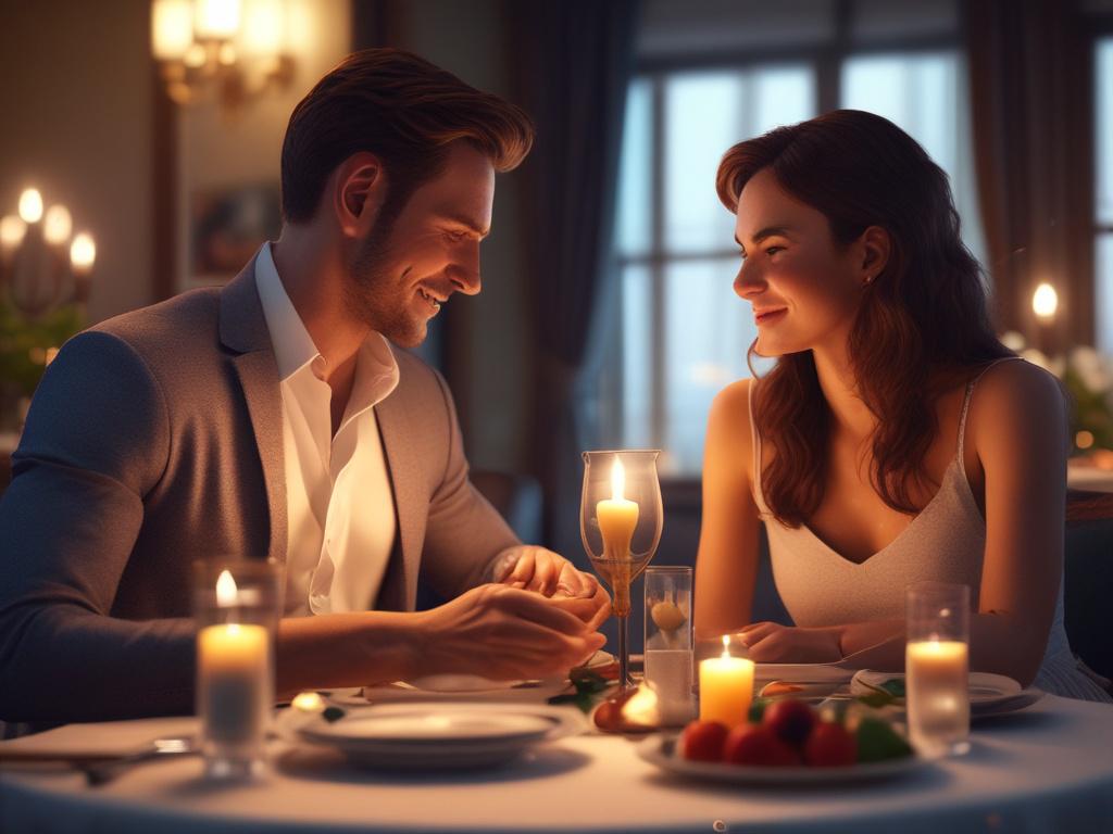 A couple sharing a romantic dinner at an elegantly set