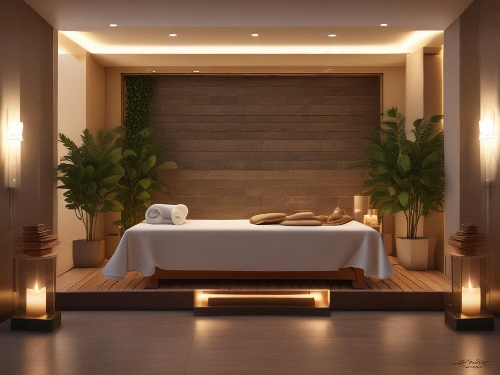 A serene spa like setting with soft lighting, featuring a