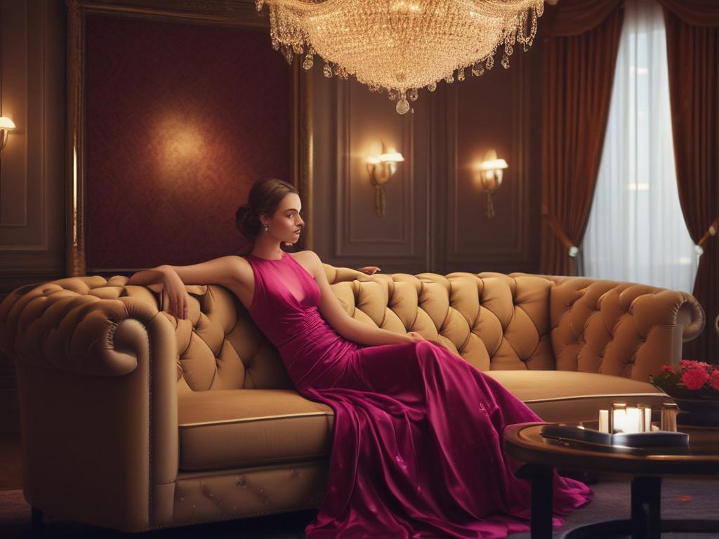 A stunning young woman in an elegant evening dress is