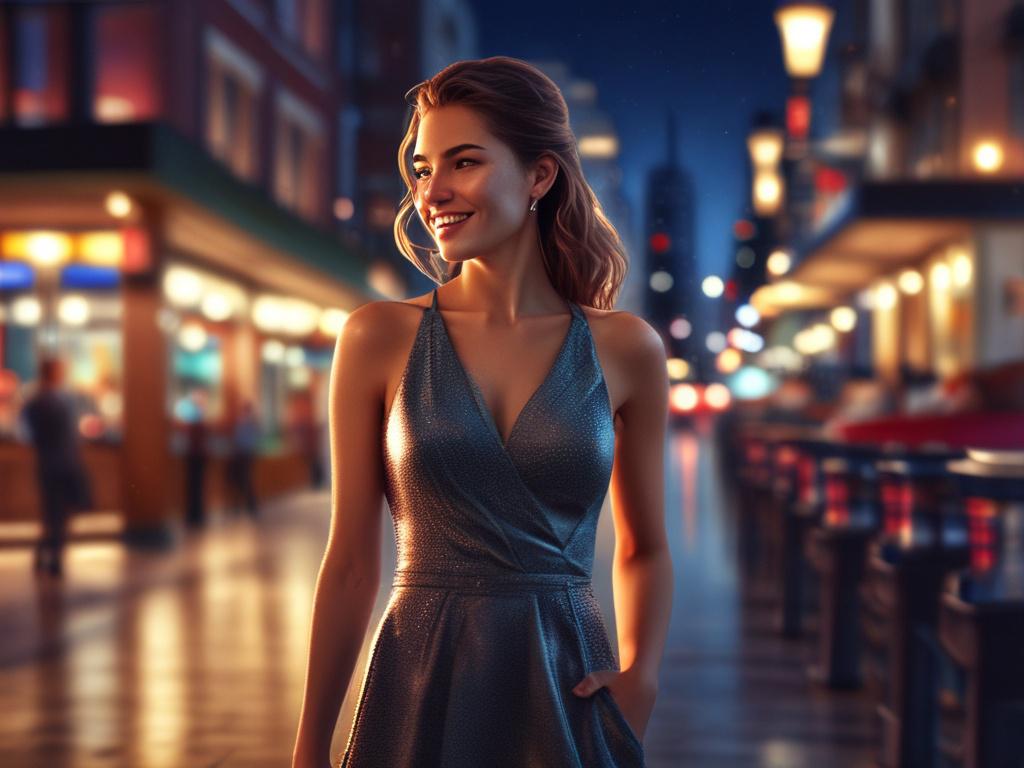 A glamorous woman in a stylish cocktail dress stands outside